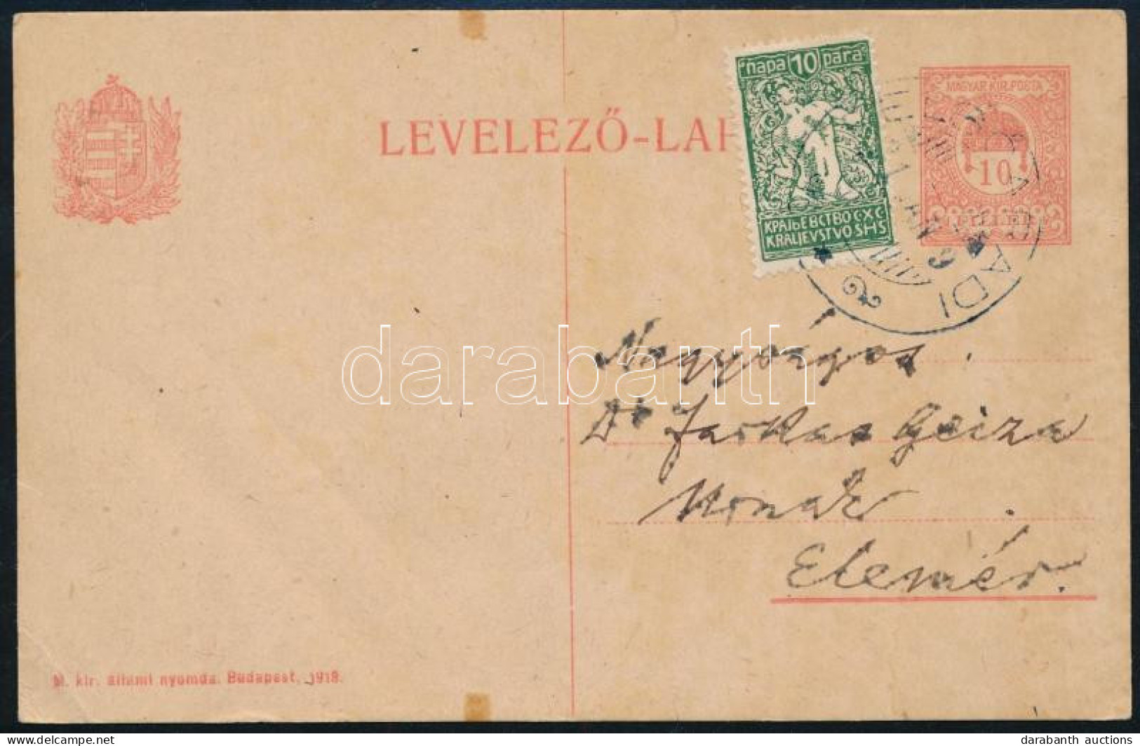 SHS 1921 10f Díjjegyes Levelezőlap Szerb Díjkiegészítéssel / PS-card With Serbian Additional Franking - Altri & Non Classificati