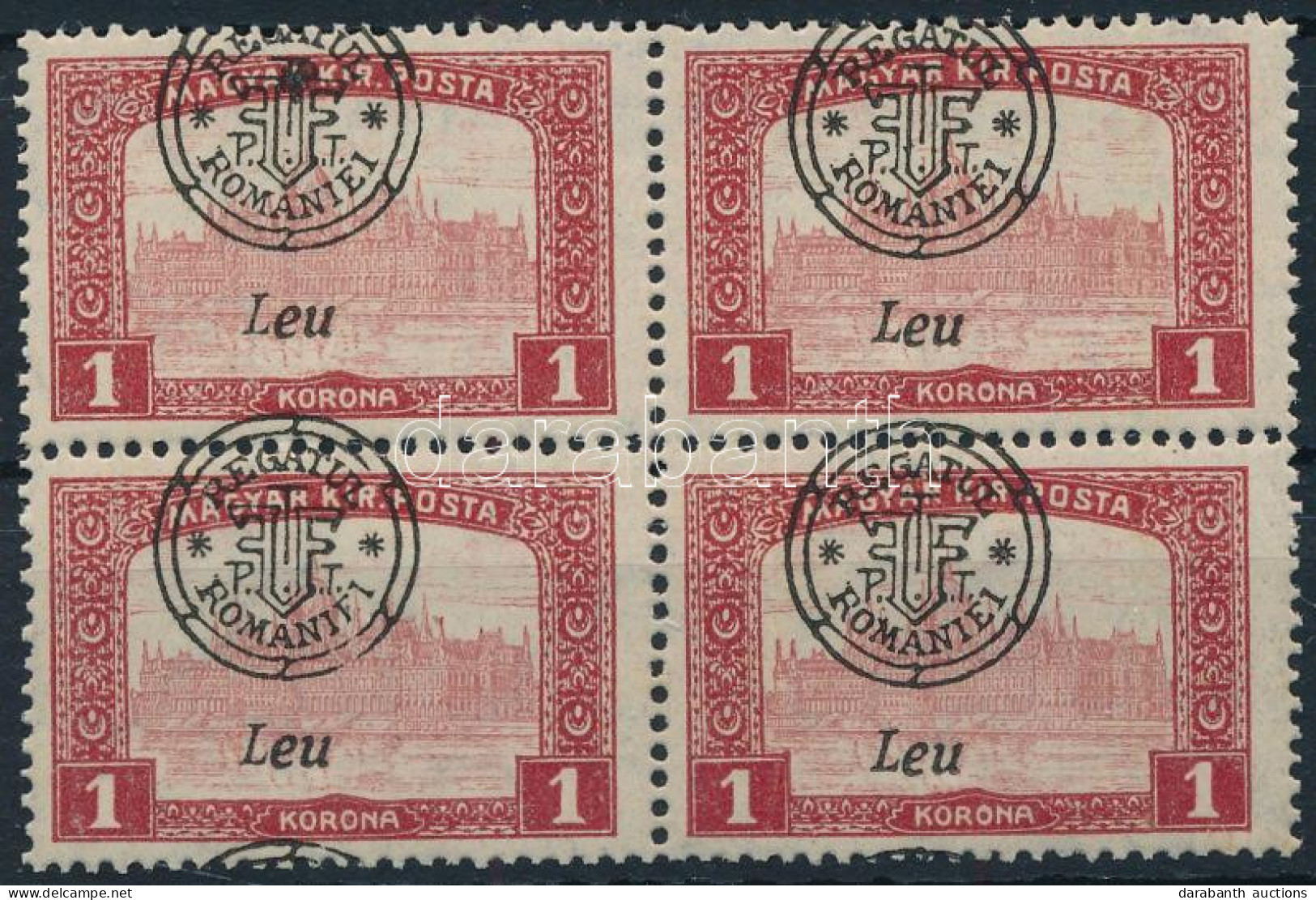 ** Nagyvárad 1919 Parlament 1K Négyestömb Elcsúszott Felülnyomással / Mi 40 II. Block Of 4 With Shifted Overprint. Signe - Autres & Non Classés