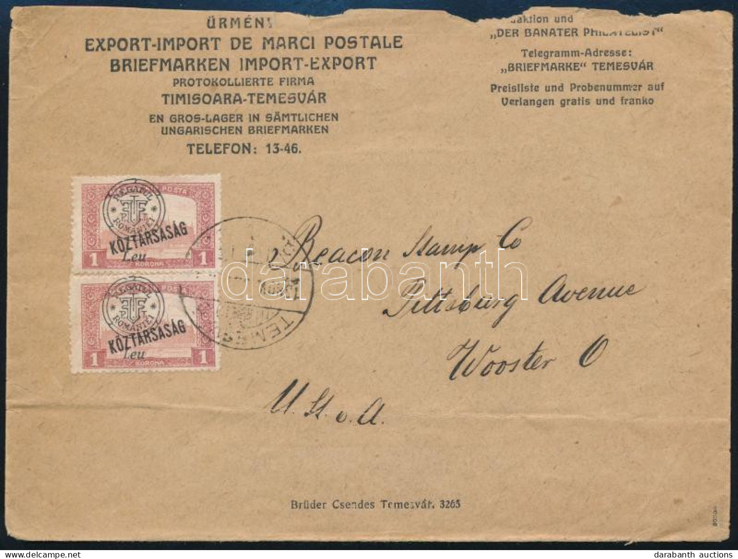 Nagyvárad 1919 Urmenyi Temesvári Bélyegkereskedő Levelezéséből Levél Az Egyesült Államokba. Cover To The USA. Signed: Bo - Autres & Non Classés