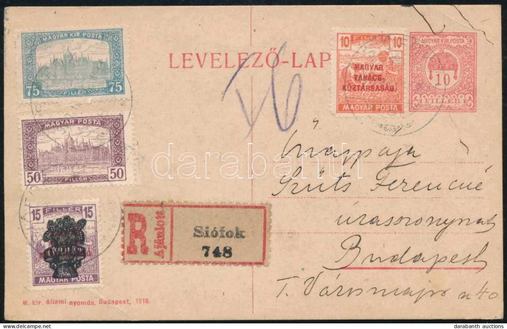 1920 Ajánlott Díjjegyes Levelezőlap 4 Bélyeges Vegyes Díjkiegészítéssel / Registered PS-card With Additional Franking - Autres & Non Classés