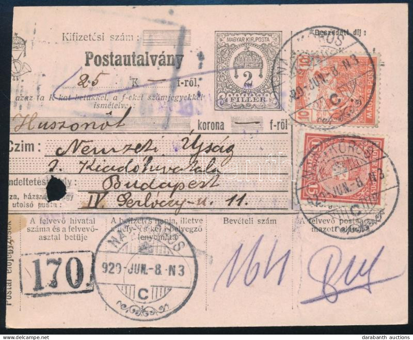 1920 Postautalvány 6 Db Bélyeggel / Parcel Card With 6 Stamps "NAGYKÖRÖS" - Budapest - Altri & Non Classificati