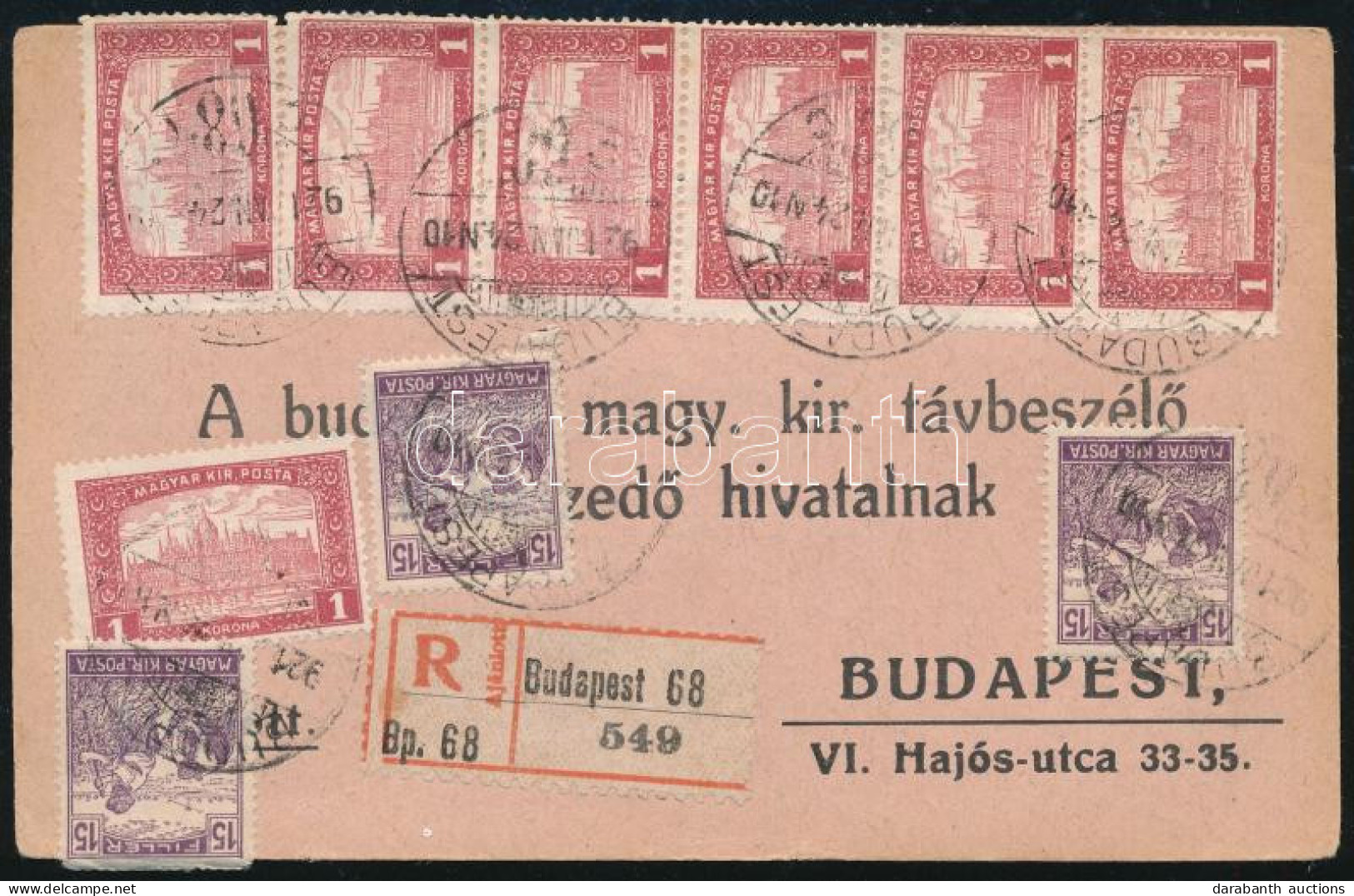 1921 Ajánlott Budapest Helyi Nyomtatvány 7,45K Bérmentesítéssel / Registered Local Printed Matter With 7,45K Franking - Autres & Non Classés
