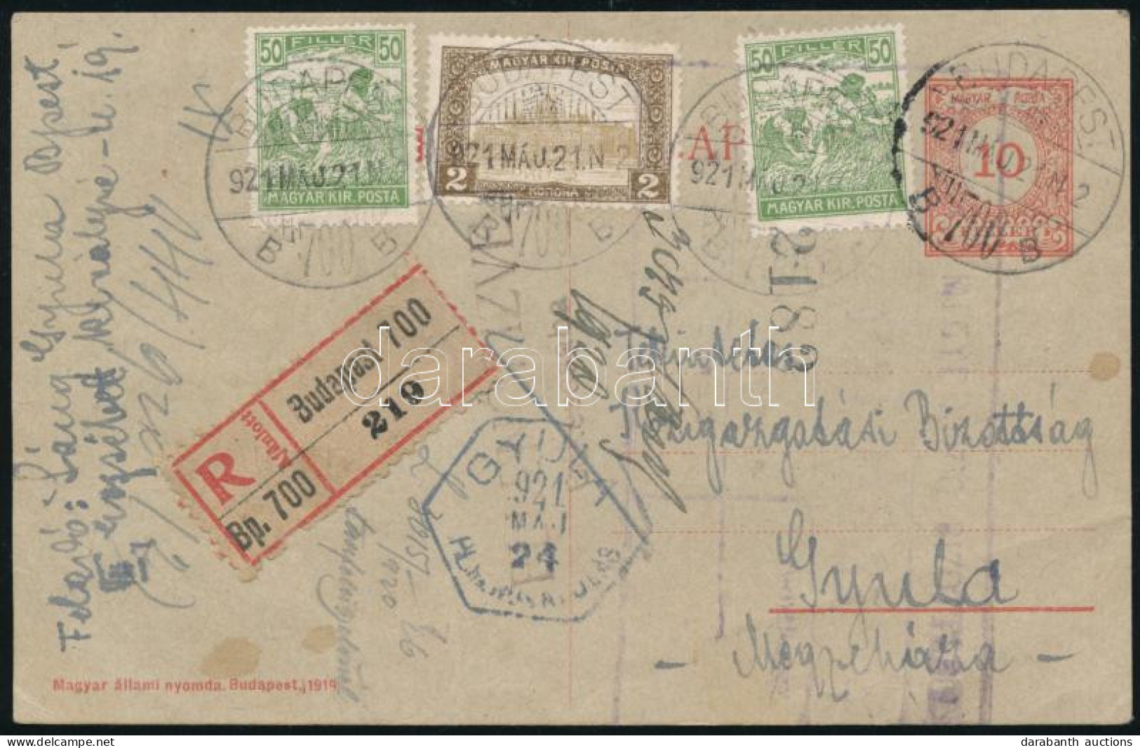 1921 Ajánlott Díjjegyes Levelezőlap 3 Bélyeges Kiegészítéssel / Registered PS-card With 3 Stamps Additional Franking "BU - Andere & Zonder Classificatie