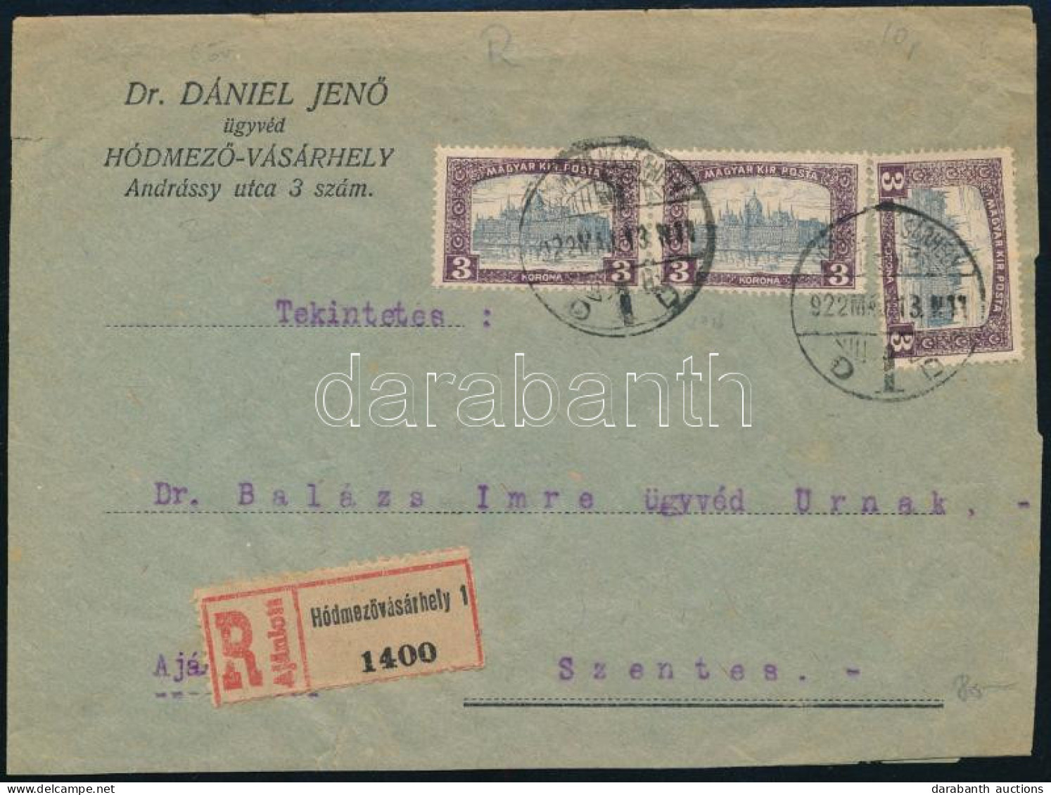 1922 Ajánlott Levél 9K Bérmentesítéssel / Registered Cover With 9K Franking - Andere & Zonder Classificatie