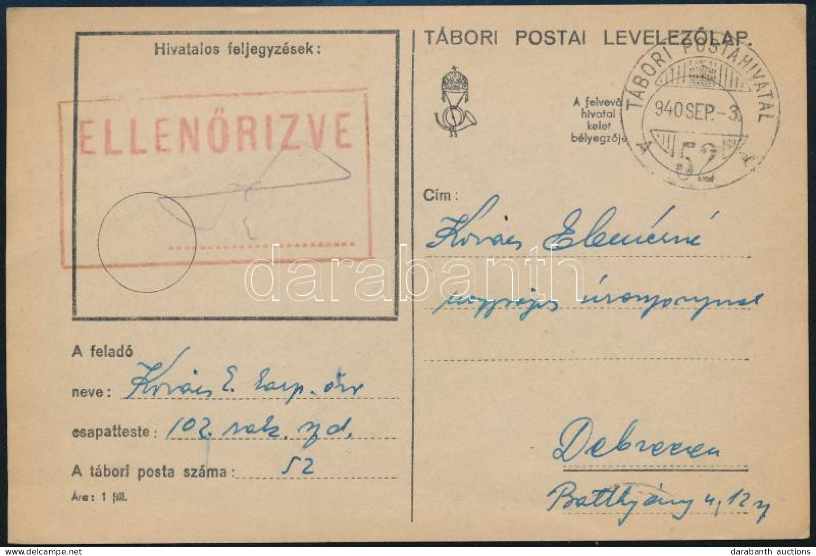 1940 Tábori Posta Levelezőlap / Field Postcard "TP 52 A" - Autres & Non Classés