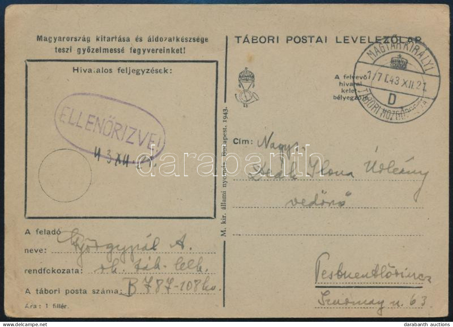 1943 Tábori Posta Levelezőlap / Field Postcard "MAGYAR KIRÁLYI / TÁBORI MOZGÓPOSTA" - Sonstige & Ohne Zuordnung