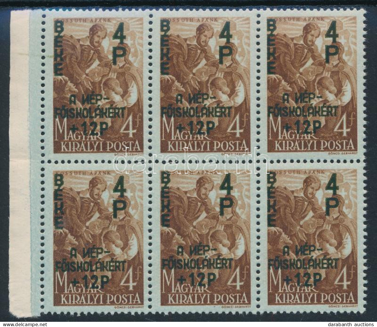 ** 1945 Béke 4+12P/4f ívszéli Hatostömb Az N Betű Tükörnyomatával / Mi 775 Margin Block Of 6 With Plate Variety - Andere & Zonder Classificatie