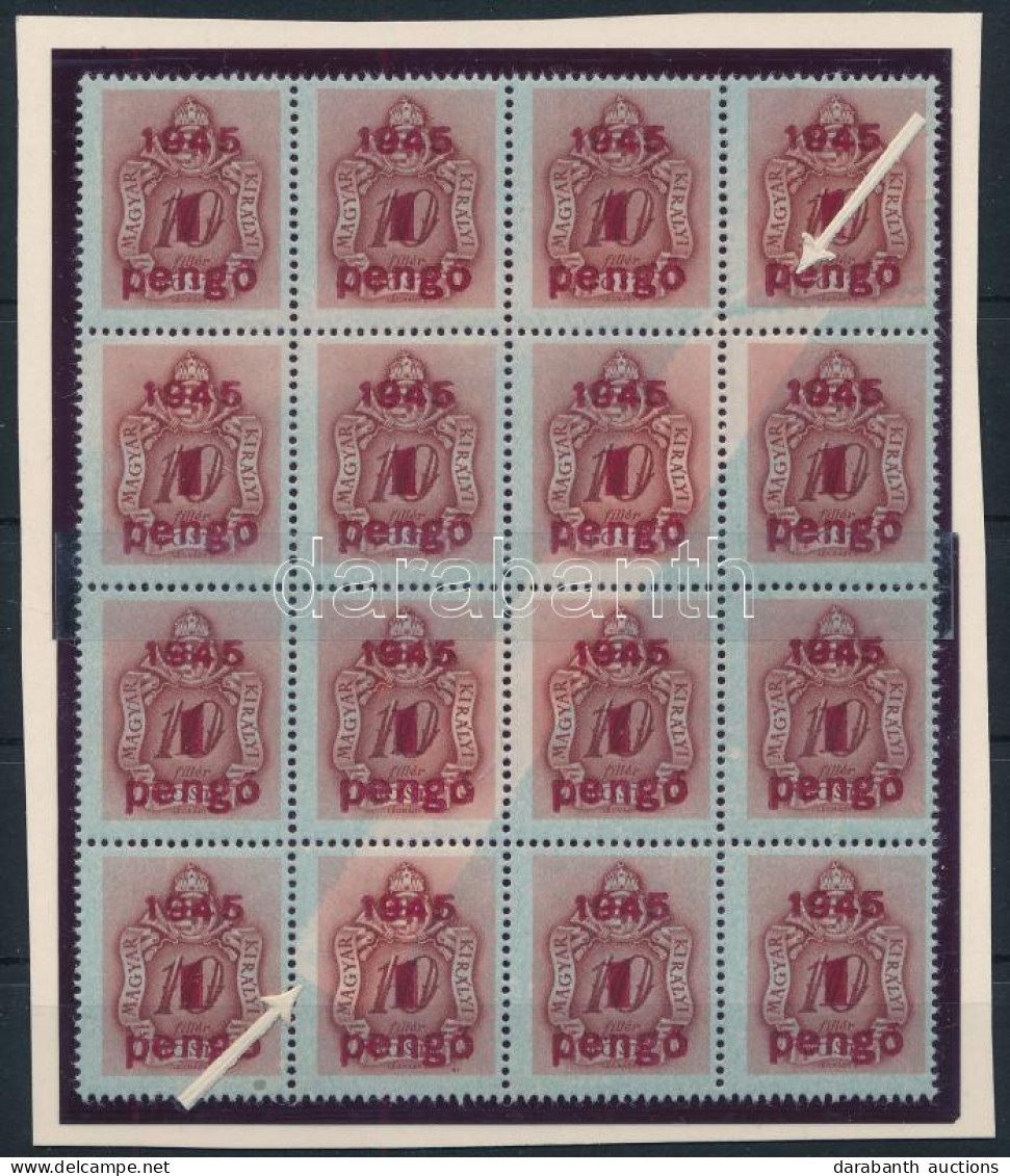 ** 1945 Kisegítő Portó 1P/10f 16-os Tömb Nagyon Látványos Kék Alapnyomat Hiánnyal / Mi P 174 Block Of 16, Partly Omitted - Otros & Sin Clasificación