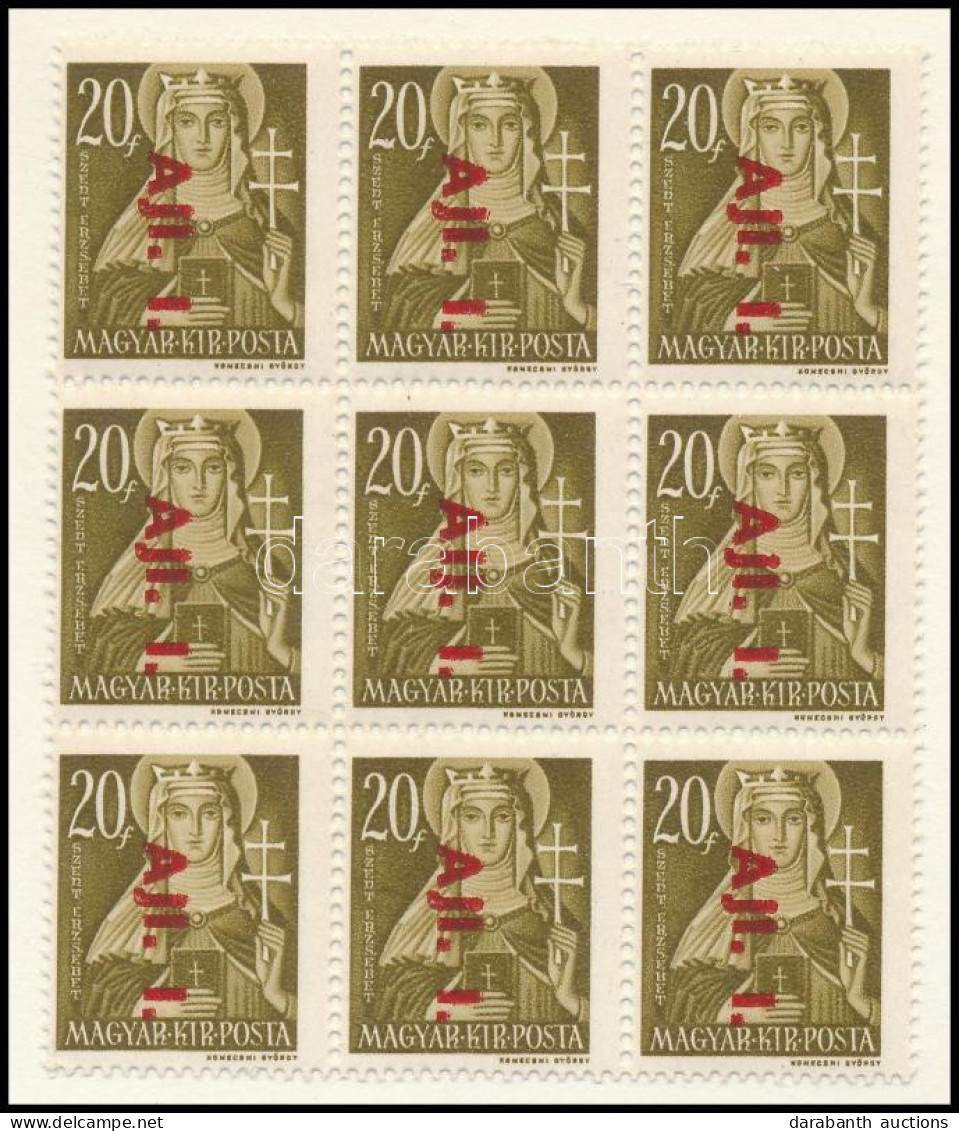 ** 1946 Betűs Ajl.I./20f 9-es Tömb, Benne "Alj" Lemezhiba (50.000) / Mi 857 Block Of 9 With Plate Variety - Autres & Non Classés