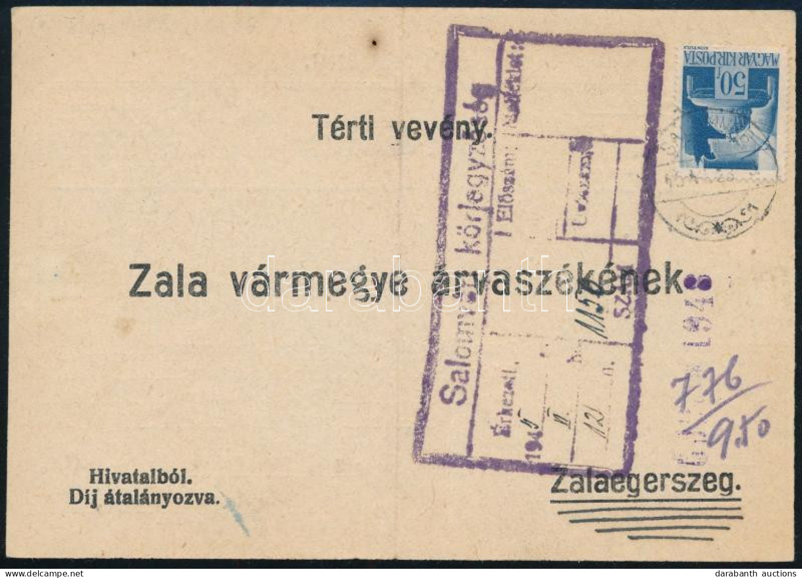 1945 (1. Díjszabás) Tértivevény Hadvezér 50f Bélyeggel, Nagyon Ritka Küldemény! / Retour Recepisse, R! - Other & Unclassified