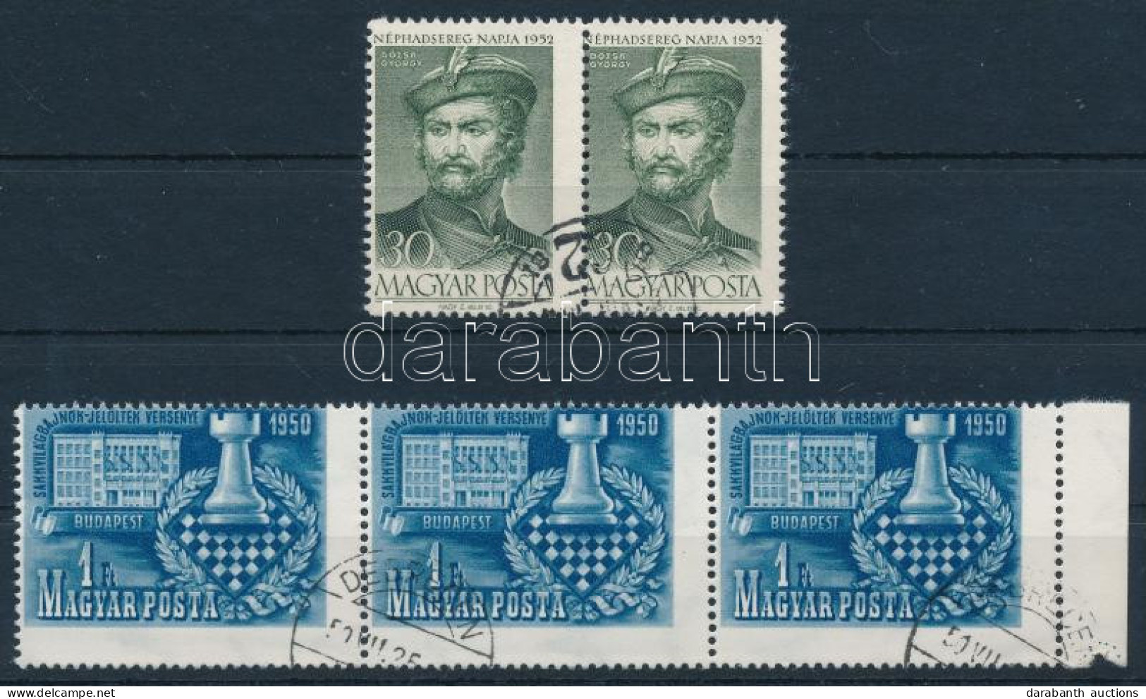 O 1950-1952 Sakk 1Ft Hármascsík és A Néphadsereg Napja 30f Pár Erősen Elfogazva / Shifted Perforations - Autres & Non Classés