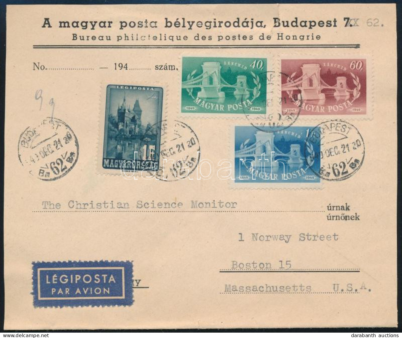 1949 Légi Levél Bostonba / Airmail Cover To Boston - Autres & Non Classés