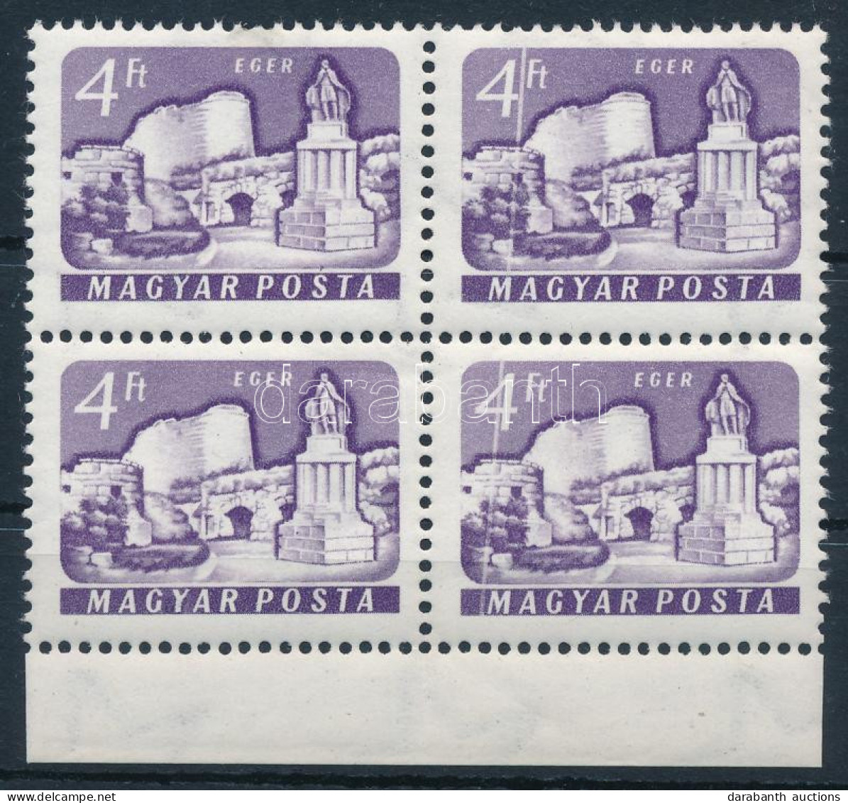 ** 1961 Várak 4Ft ívszéli Négyestömb, Két Bélyegen átmenő Fehér Csíkkal / Mi 1746 Margin Block Of 4, With White Stripe - Other & Unclassified