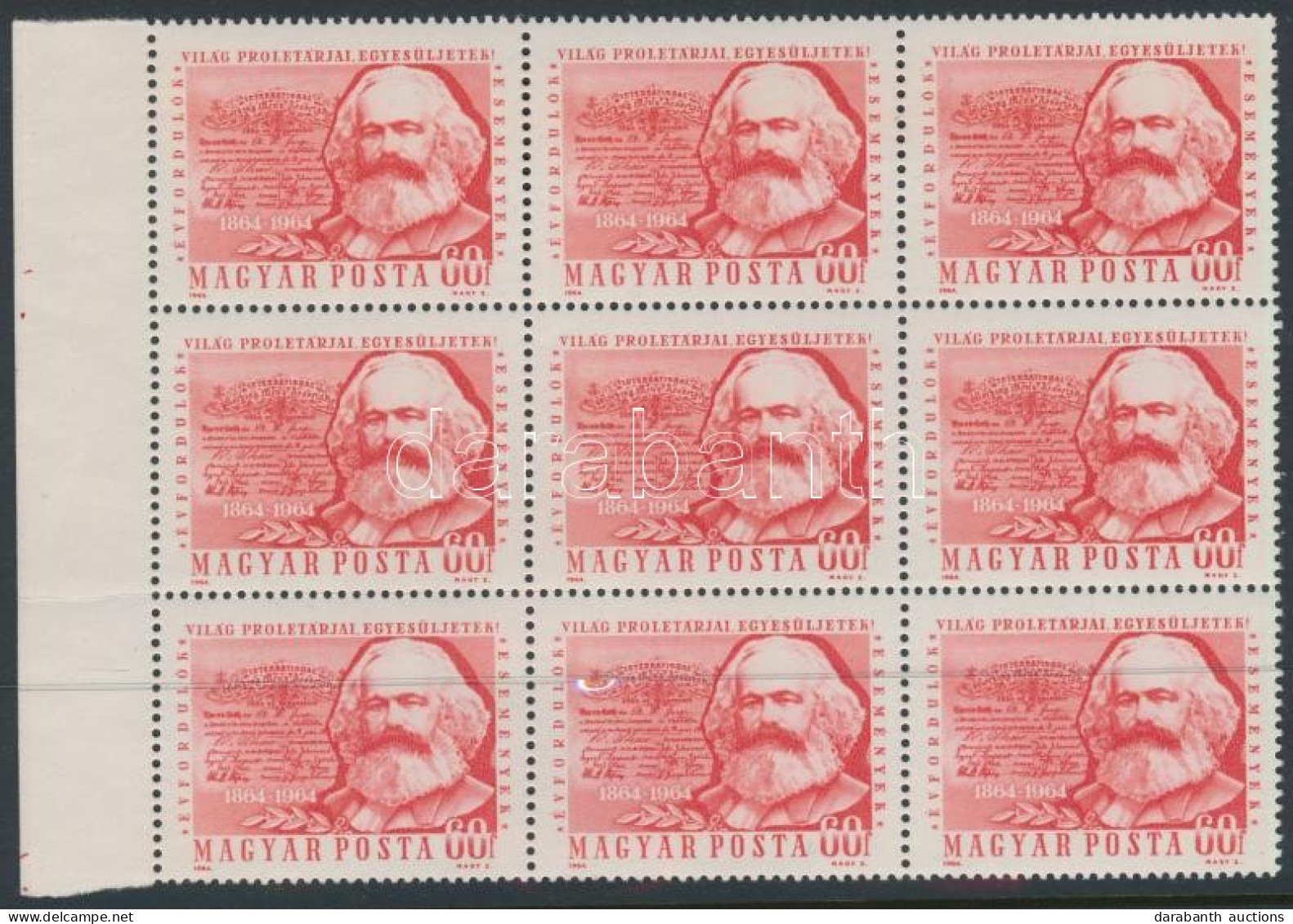 ** 1964 Évfordulók Marx 60f ívszéli 9-es Tömb Az Ismert Tévnyomattal (18.000) / Mi 2068 Block Of 9 With Plate Variety - Other & Unclassified