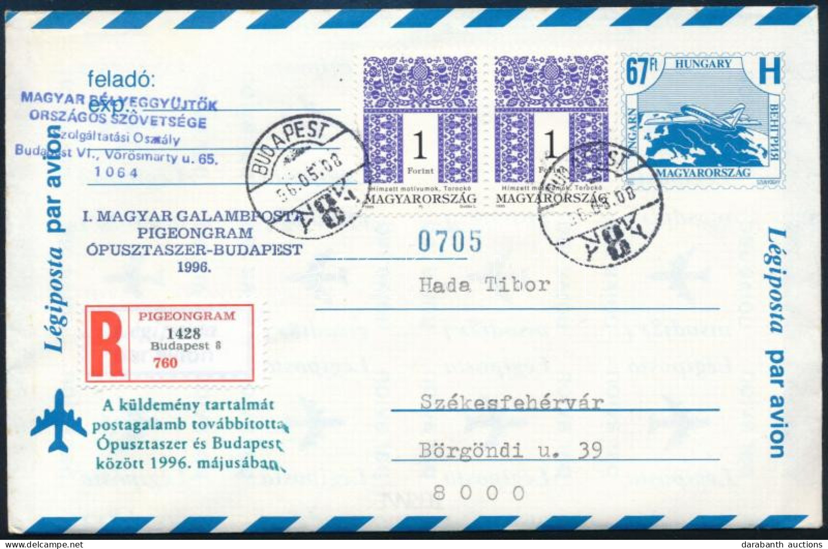 1996 Galambposta Ajánlott Levél Tartalommal / Pigeon Mail Registered Cover With Content - Other & Unclassified