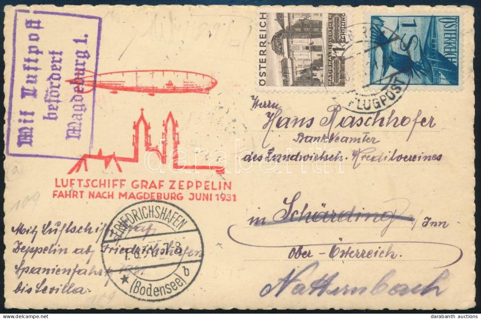 1931 Zeppelin Magdeburg Repülés Képeslap 2 Db Osztrák Bélyeggel / Zeppelin Magdeburg Flight Postcard With 2 Austrian Sta - Other & Unclassified