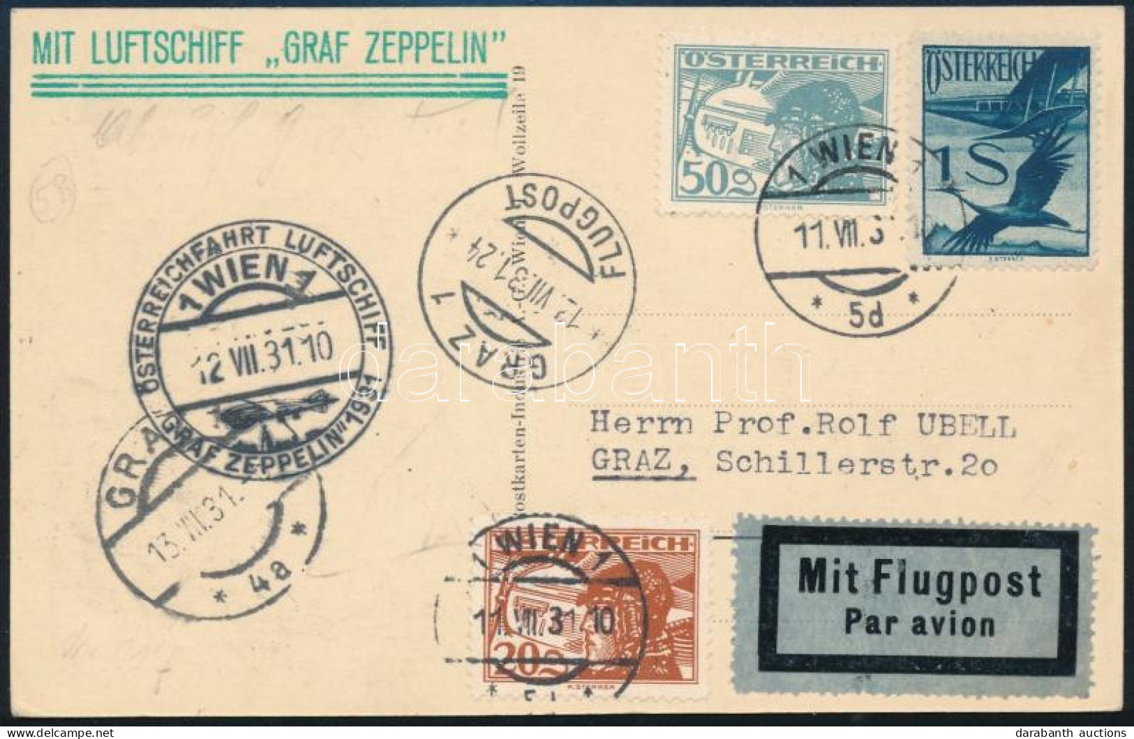 1931 Zeppelin Ausztria Körrepülés Képeslap Bécsből Grazba / Zeppelin Austria Round Flight Postcard To Graz "ÖSTERREICHFA - Other & Unclassified