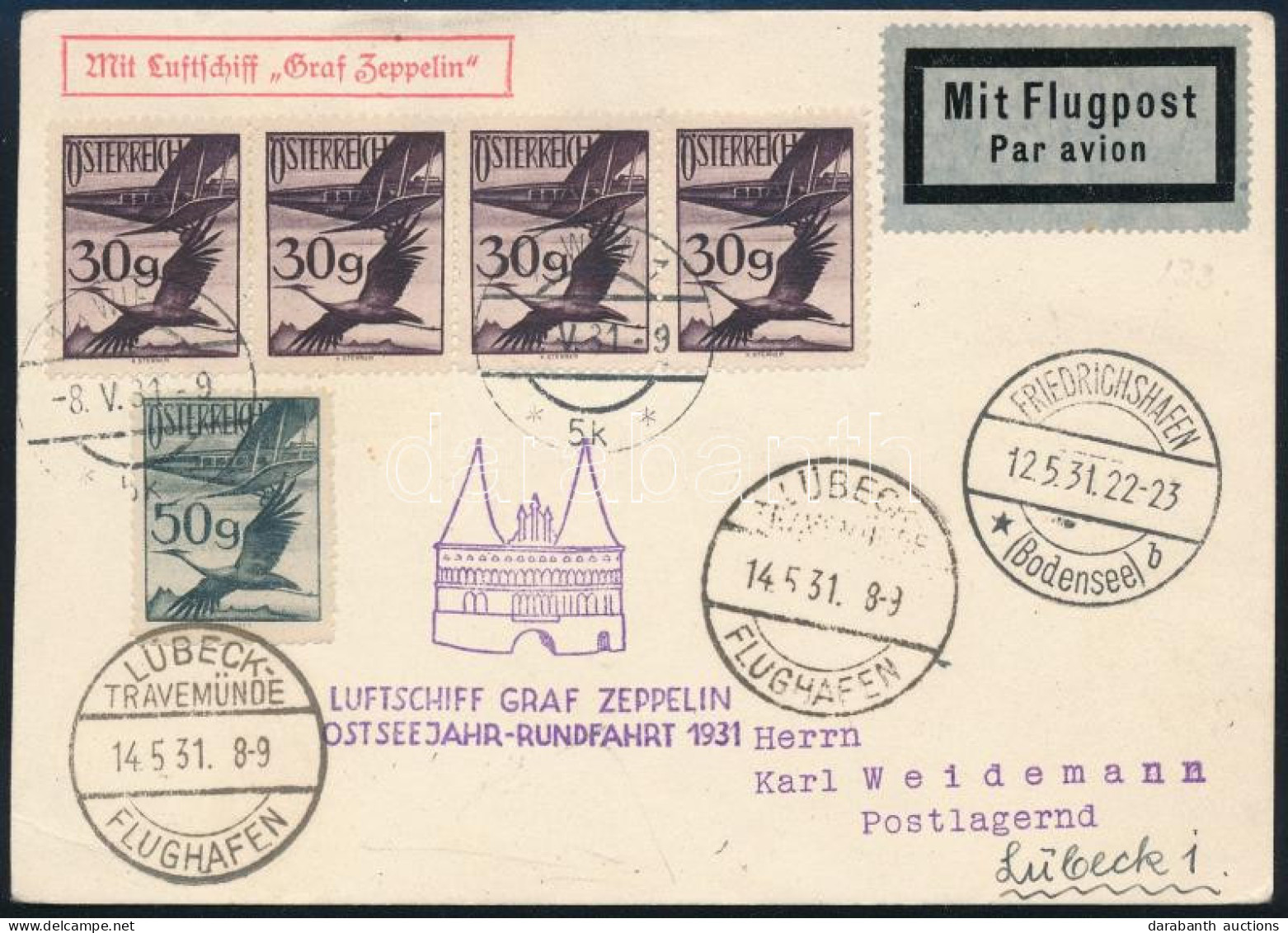 1931 Zeppelin Balti-tengeri Körrepülés Levelezőlap / Zeppelin Ostseejahr Round Flight Postcard "WIEN" - "LÜBECK" - Autres & Non Classés