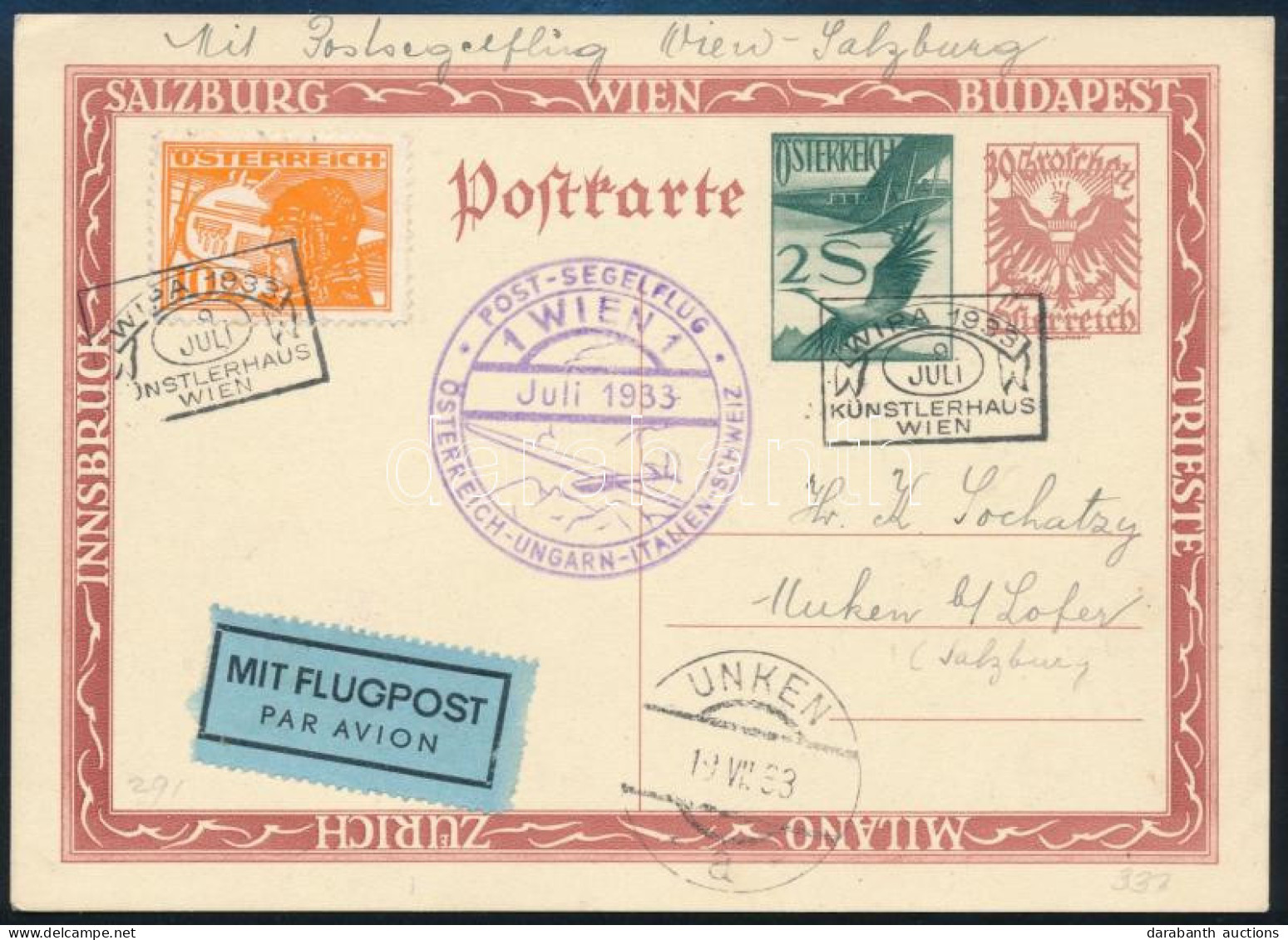 1933 Díjkiegészített Díjjegyes Légi Levelezőlap / Airmail Postcard With Additional Franking "ÖSTERREICH-UNGARN-ITALIEN-S - Other & Unclassified