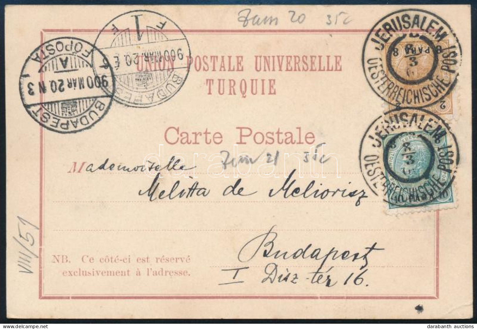 1900 Levelezőlap 2 Bélyeggel Budapestre / Postcard With 2 Stamps To Hungary "JERUSALEM" - Otros & Sin Clasificación