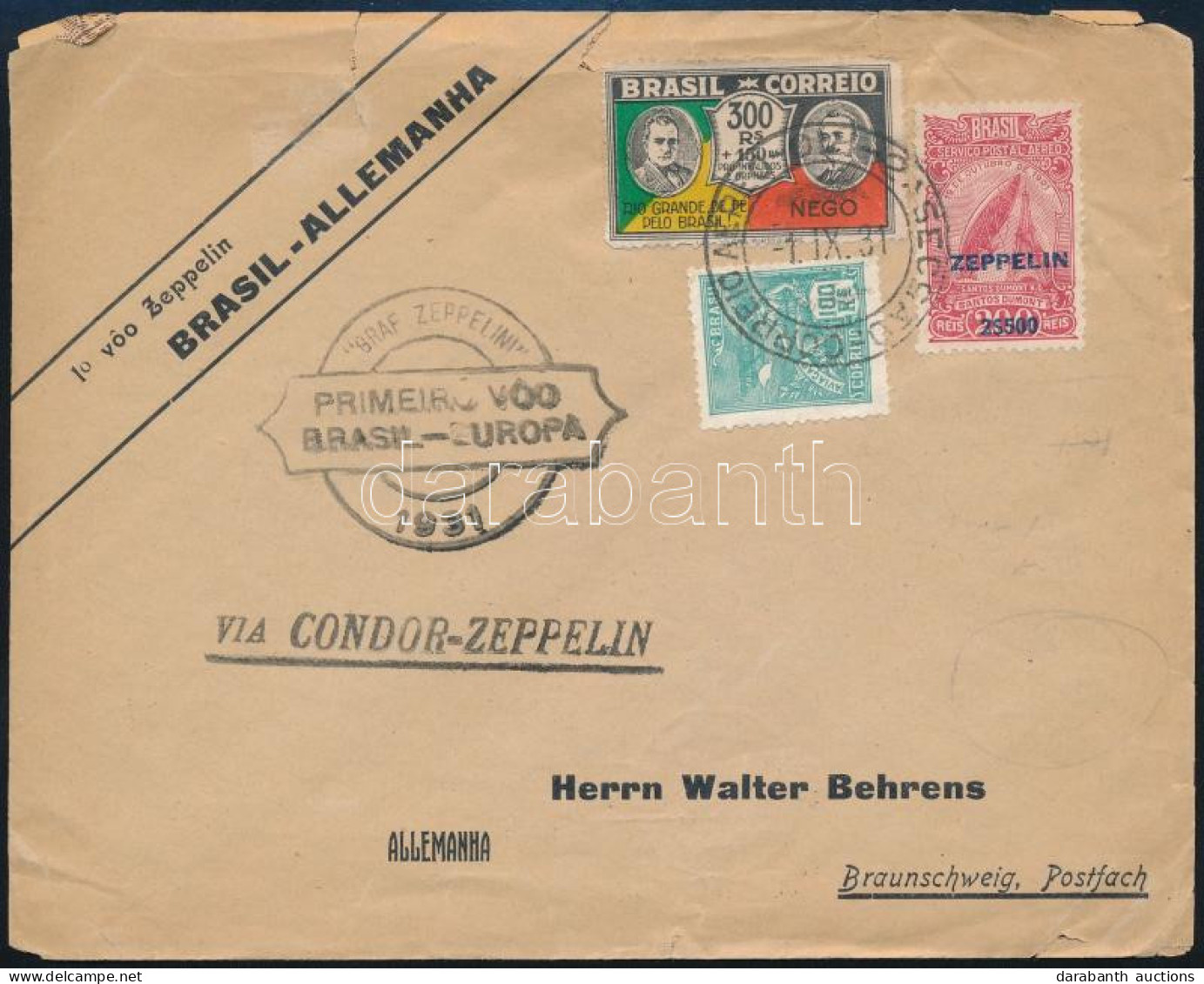 1931 Zeppelin 1. Dél Amerikai Repülés Levél Németországba Zeppelin Bélyeggel / Zeppelin 1st South America Flight Cover T - Sonstige & Ohne Zuordnung