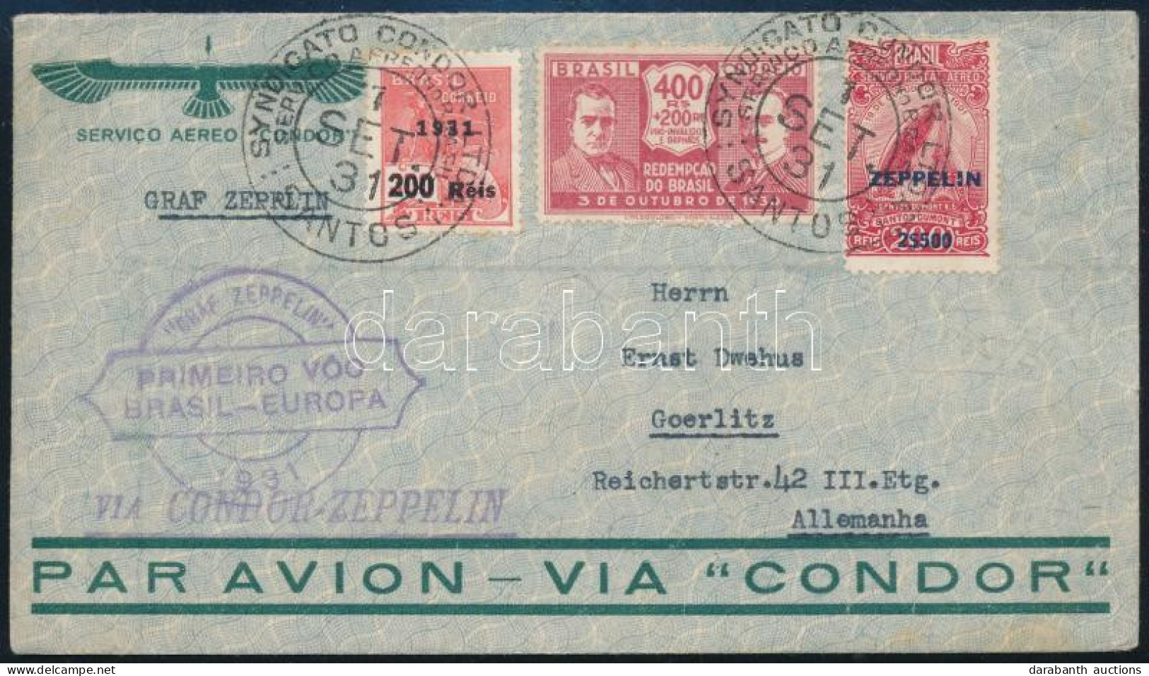 1931 Zeppelin 1. Dél Amerikai Repülés Levél Németországba Zeppelin Bélyeggel / Zeppelin 1st South America Flight Cover T - Altri & Non Classificati