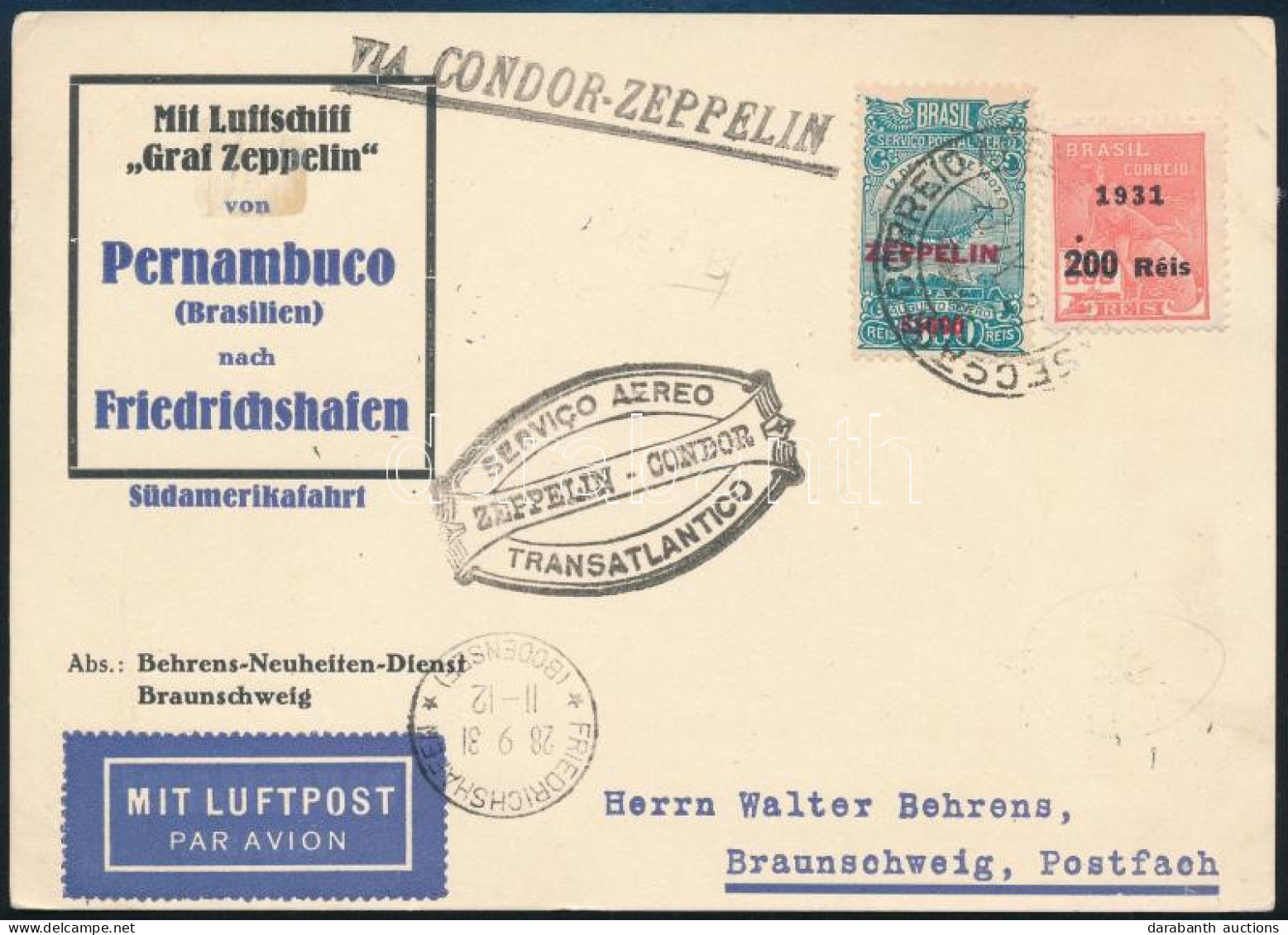 1931 Zeppelin 2. Dél Amerikai Repülés Levelezőlap Németországba Zeppelin Bélyeggel / Zeppelin 2nd South America Flight C - Autres & Non Classés