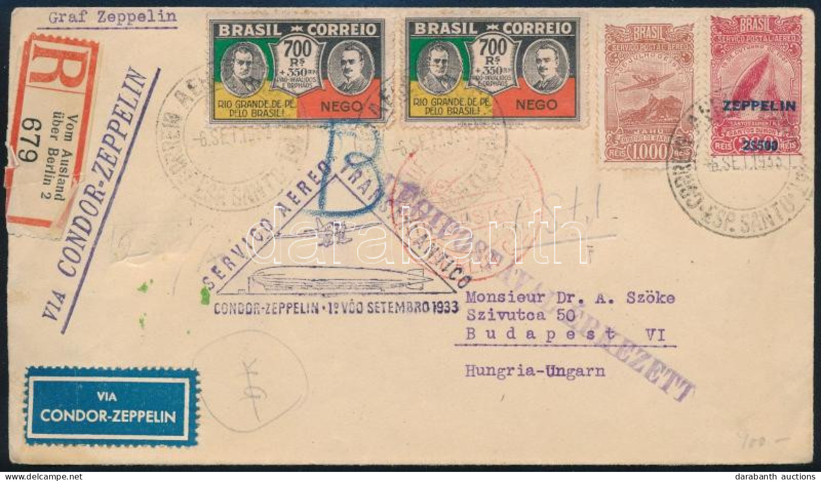 1933 Zeppelin 6. Dél Amerikai Repülés Levél Magyarországra Zeppelin Bélyeggel / Zeppelin 6th South America Flight Cover  - Other & Unclassified