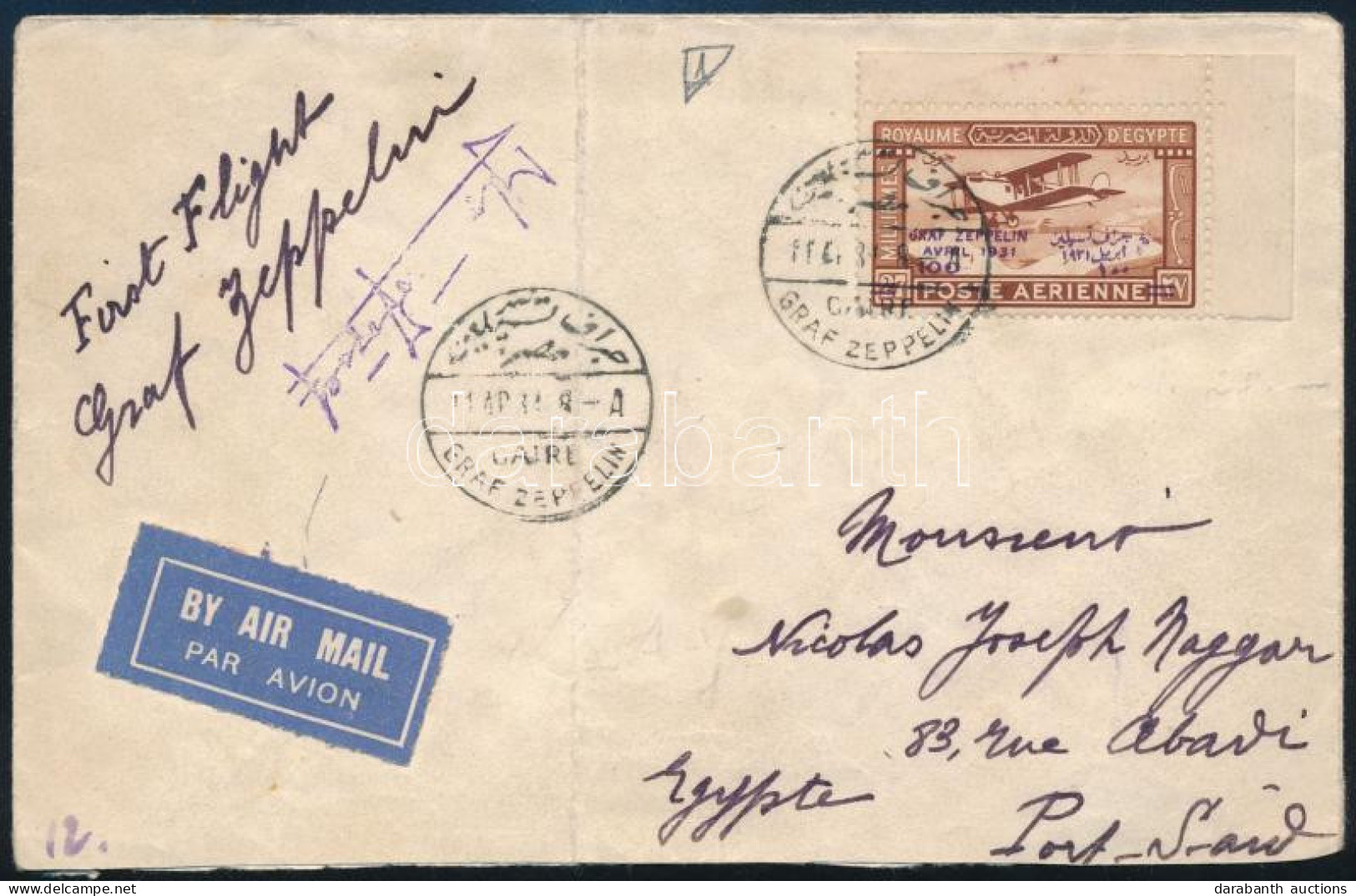 1931 Zeppelin Egyiptomi útja Levél 100/27M Bérmentesítéssel / Zeppelin 1st Egypt Flight Cover With 100/27M Corner Stamp  - Otros & Sin Clasificación
