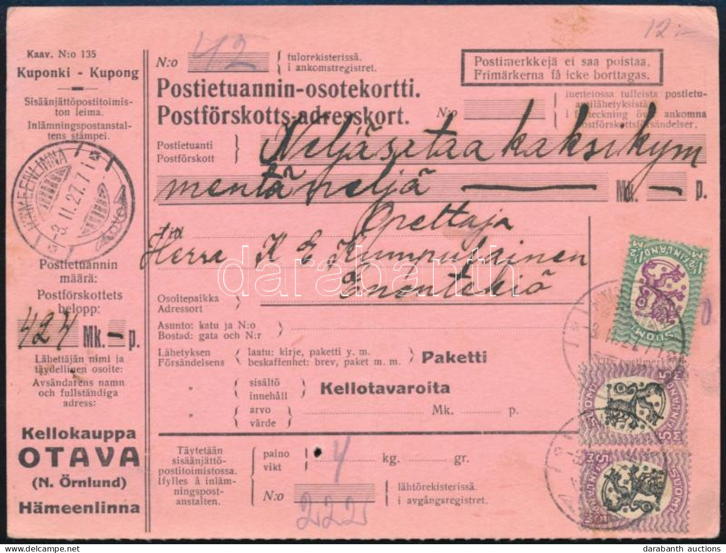 1927 Csomagszállító 3 Db Bélyeggel / Parcel Card With 3 Stamps - Sonstige & Ohne Zuordnung