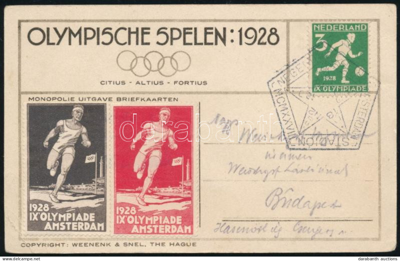 1928 Olimpia Alkalmi Képeslap Bélyeggel, Levélzárókkal és Alkalmi Bélyegzéssel Budapestre / Olympics Postcard With Label - Autres & Non Classés