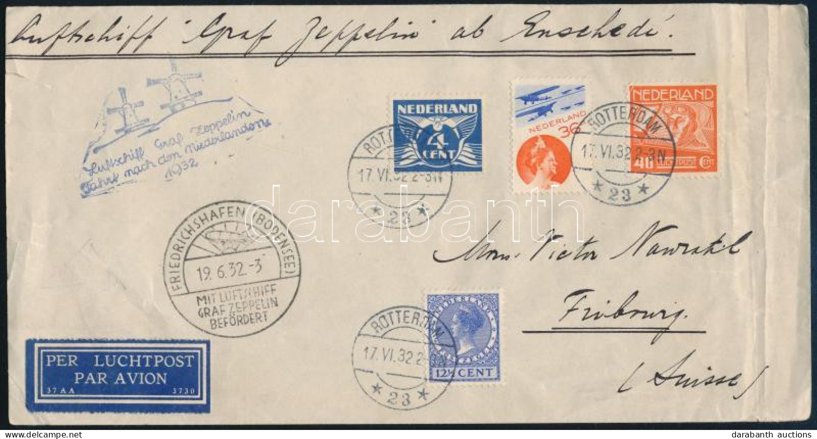 1932 Zeppelin Hollandiai útja Levél Rotterdamból Svájcba / Zeppelin Flight To Holland Cover From Rotterdam To Switzerlan - Otros & Sin Clasificación
