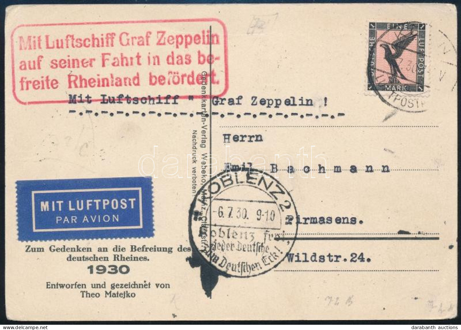 1930 Zeppelin Légi Képeslap A Felszabadult Rajnavidékre / Zeppelin Flight Postcard To The Liberated Rhineland - Sonstige & Ohne Zuordnung