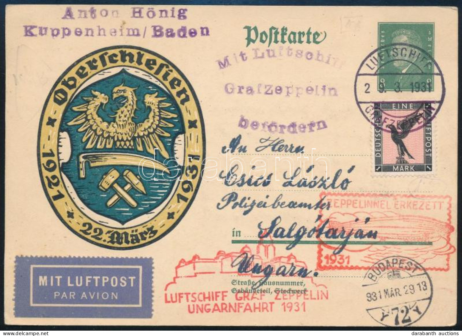 1931 Zeppelin Magyarországi útja Díjkiegészített Díjjegyes Légi Levelezőlap Fedélzeti Bélyegzéssel Salgótarjánba / Zeppe - Sonstige & Ohne Zuordnung