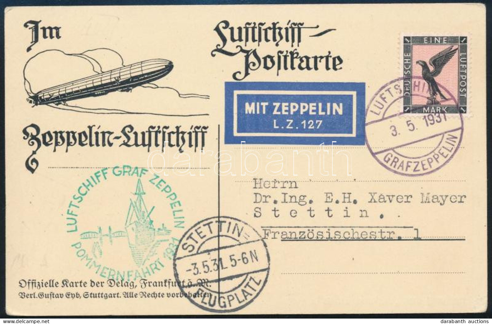 1931 Zeppelin Légi Képeslap / Zeppelin Flight Postcard "POMMENRFAHRT" - Sonstige & Ohne Zuordnung