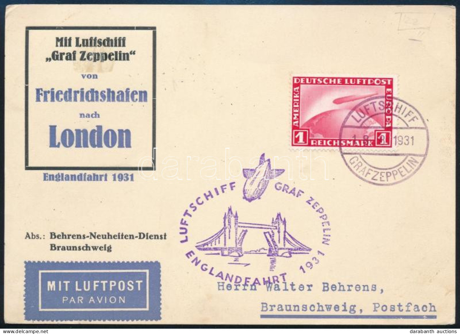 1931 Zeppelin Angliai útja Levelezőlap / Zeppelin Englandfahrt Postcard - Andere & Zonder Classificatie