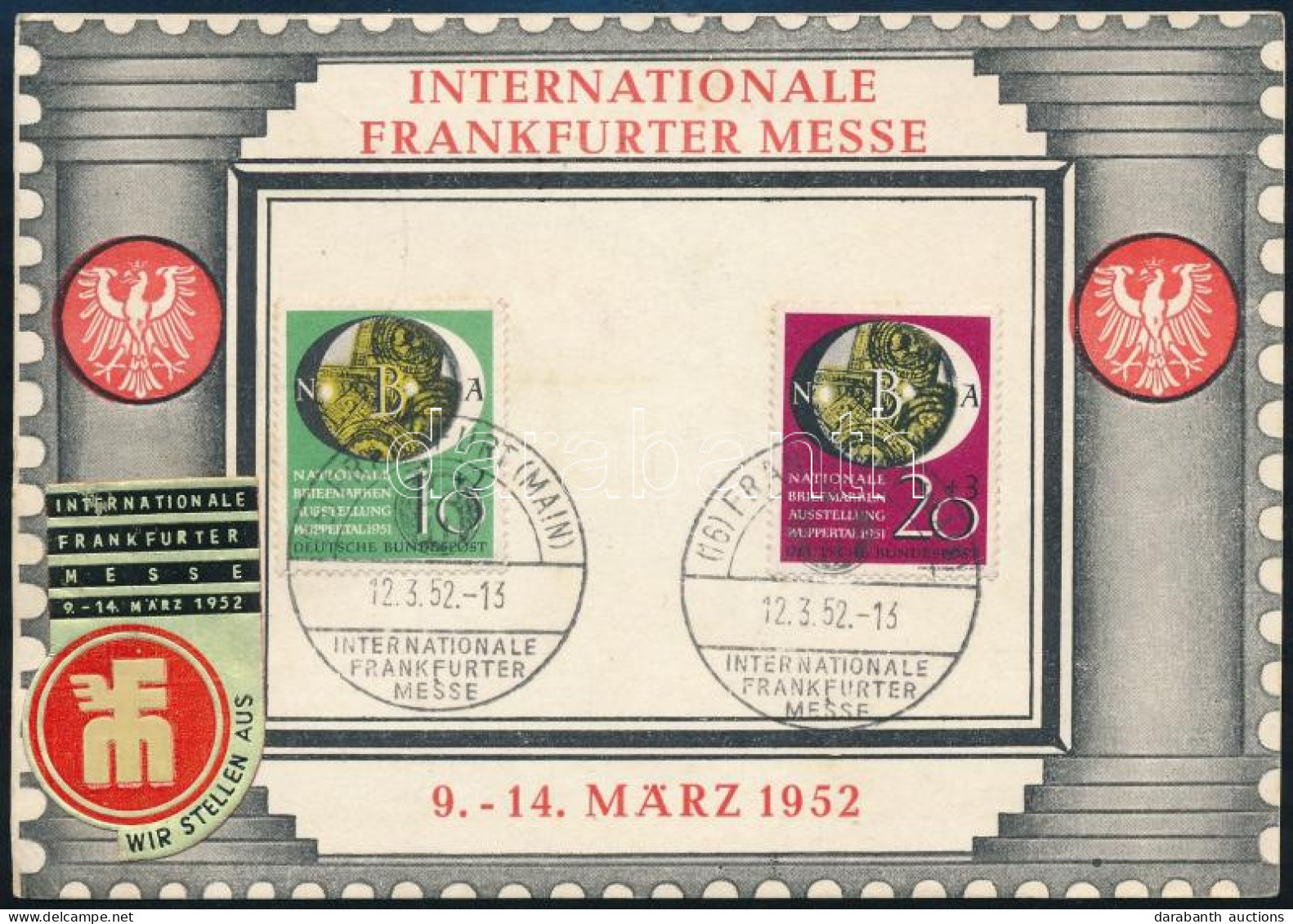 1952 Bélyegkiállítás Sor Alkalmi Levelezőlapon Budapestre Küldve / Mi 141-142 On Postcard "FRANKFURT" - Budapest - Andere & Zonder Classificatie