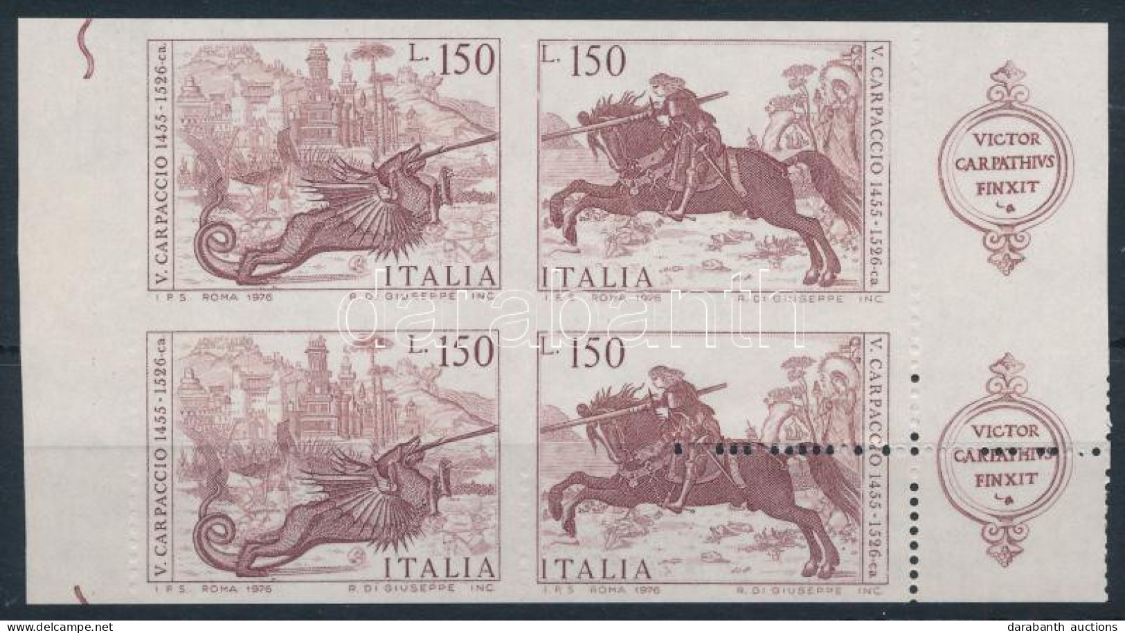 ** 1976 Vittore Carpaccio 2 Db Sor Elfogazott ívszéli Négyestömbben, R! / 2 X Mi 1537-1538 In Margin Block Of 4 With Shi - Altri & Non Classificati