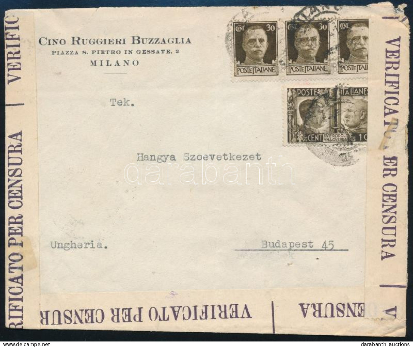 1941 Cenzúrázott Levél Budapestre / Censores Cover To Hungary "MILANO" - Otros & Sin Clasificación