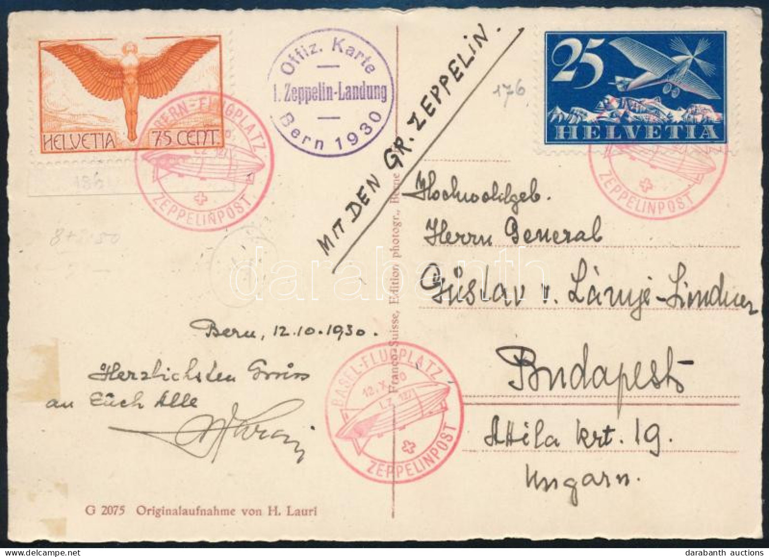 1930 Zeppelin Svájci Repülés Képeslap Kétféle Bélyegzéssel Budapestre / Zeppelin Switzerland Flight Postcard To Budapest - Altri & Non Classificati