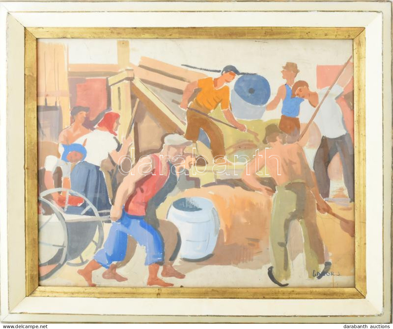 Gábor Jenő (1893-1968): Építkezés. Tempera, Papír. Jelezve Jobbra Lent. Üvegezett Fakeretben. 52x65 Cm/ Tempera On Paper - Other & Unclassified