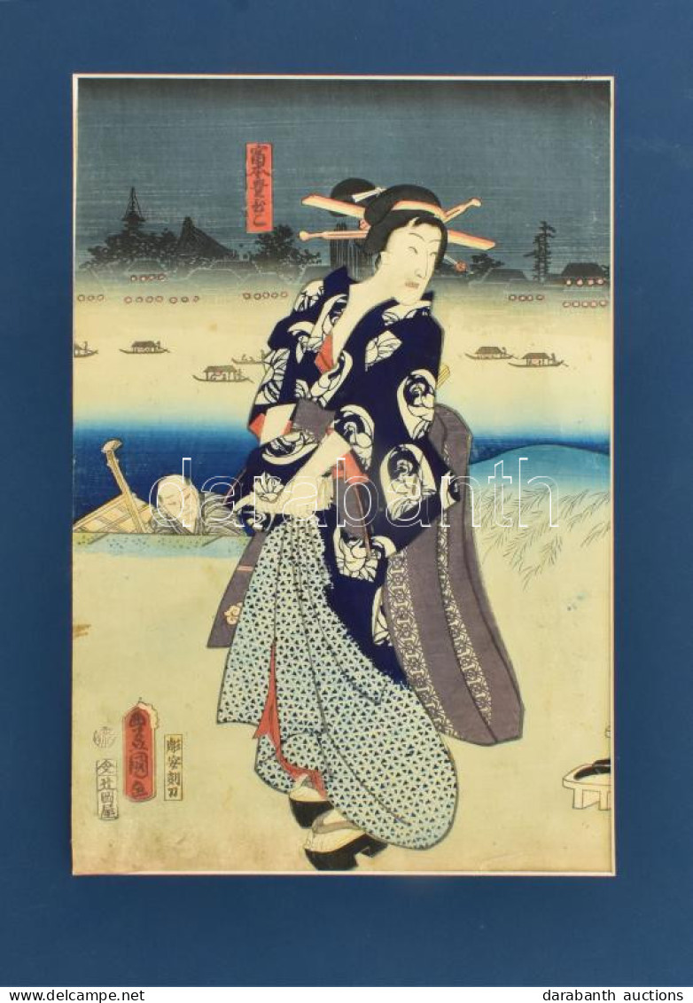 Utagawa Toyokuni (1769-1825): Hölgy Kék Kimonoban. Színes Japán Fametszet, Papír, Jelzett A Metszeten. Apró Sérülésekkel - Engravings