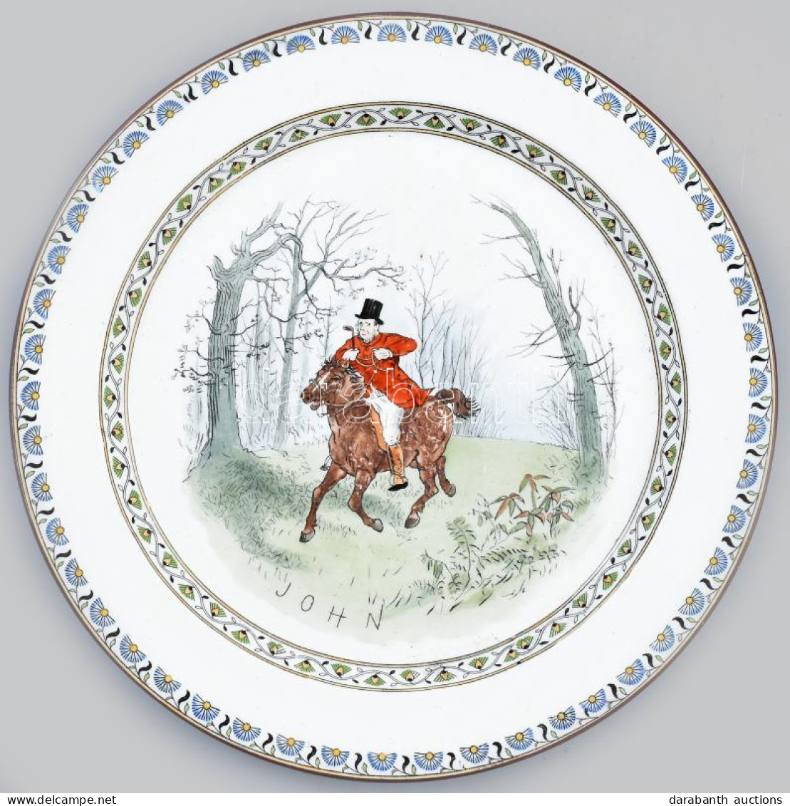 Minton Vadász Mintás Fajansz Tányér. Kézzel Festett, Jelzett, Hibátlan 25 Cm / Minton Fayenece John Out Hunting Plate - Sonstige & Ohne Zuordnung