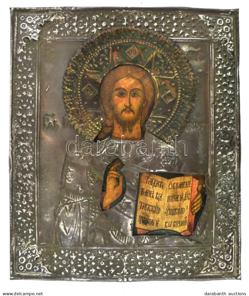 Ikon, Ezüstözött Fém Okláddal. XIX. Sz. 24x26 Cm / Icon With Silver Plated Copper Oclad. 19th Century 24x26 Cm - Autres & Non Classés