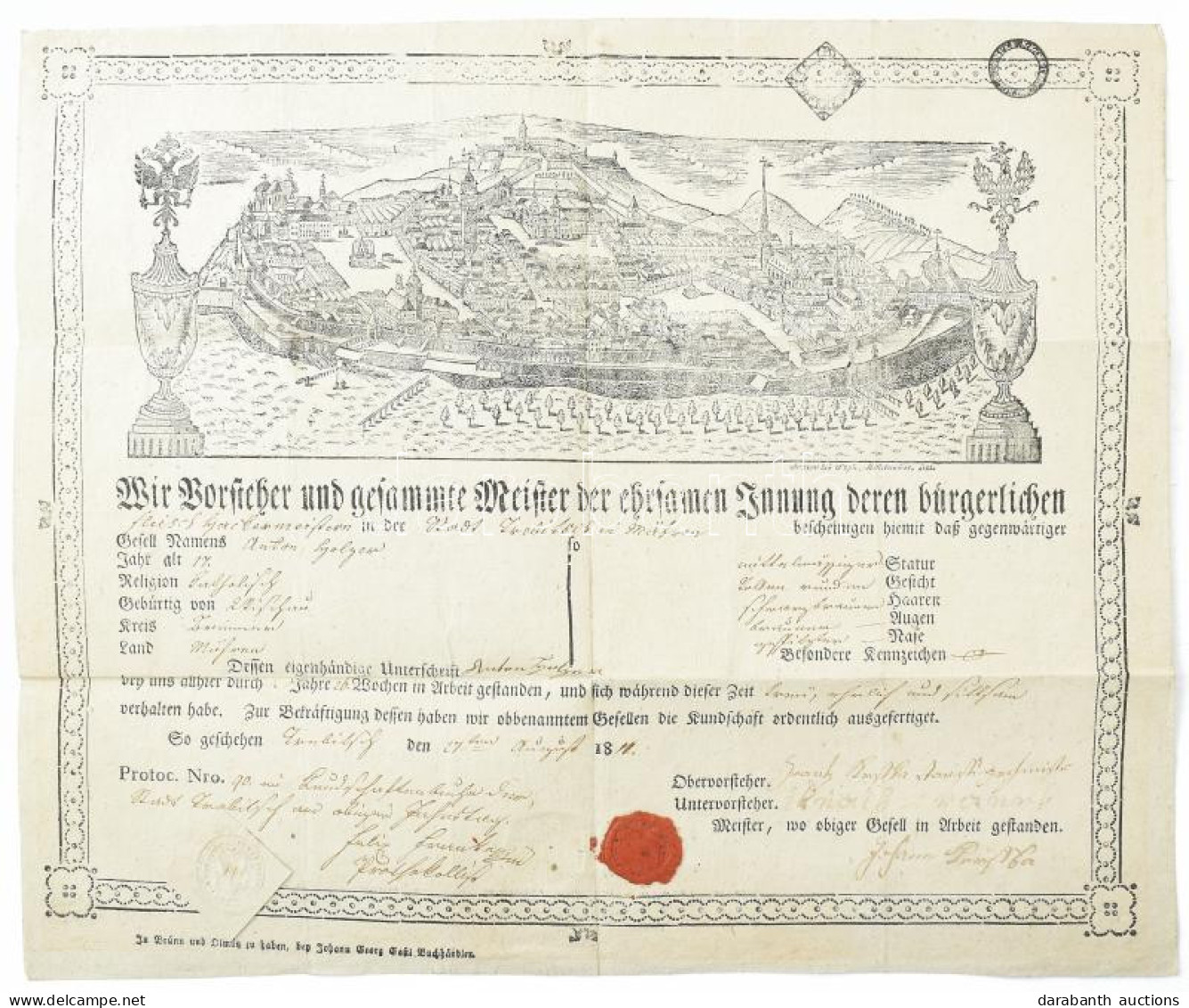 1811 Bruno (Brünn) Morva Város Képével Illusztrált, Nagyméretű, Trebic-i (Trebitsch) Mészáros Részére Kiállított Német N - Unclassified