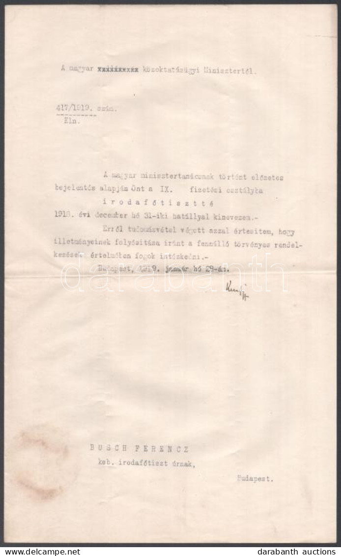 1919 Kunfi Zsigmond (1879-1929) Közoktatásügyi Miniszter (Berinkey-kormány, 1919. Január 22. - Március 21.) Aláírása Kin - Unclassified