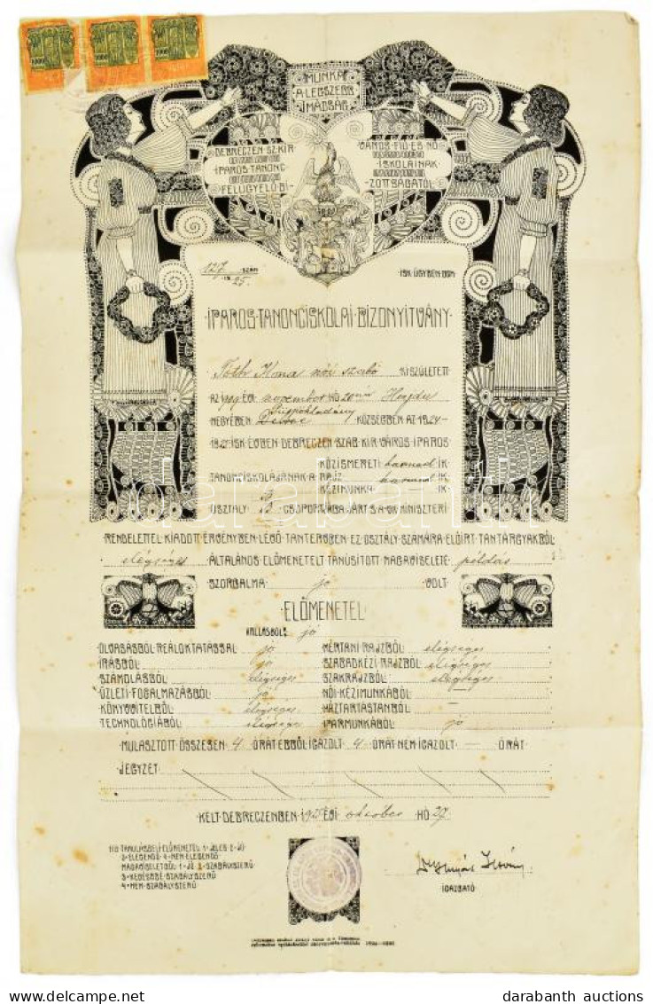 1925 Debrecen, Iparostanonciskolai Bizonyítvány, Izgalmas Szecessziós Illusztrációval, 3 Db 1000 K. Okmánybélyeggel, Pec - Sin Clasificación