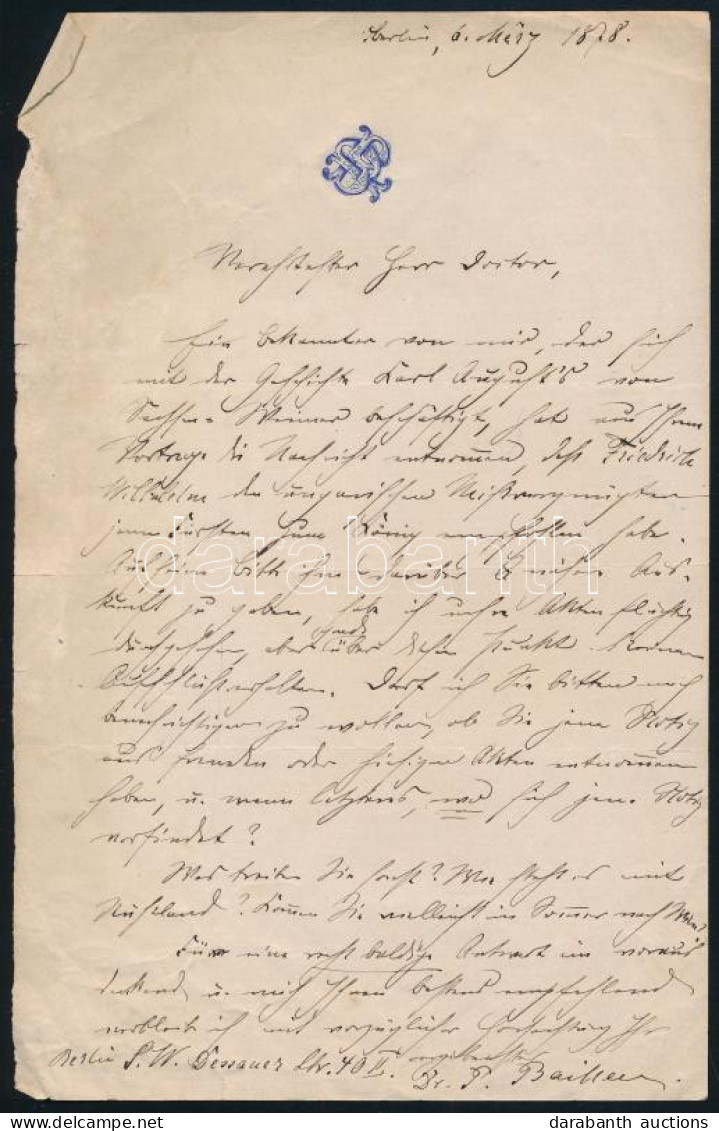 1878 Paul Bailleu (1853-1922) Német Történész és Levéltáros Saját Kézzel írt Levele Marczali Henrik (1856-1940) Történés - Ohne Zuordnung