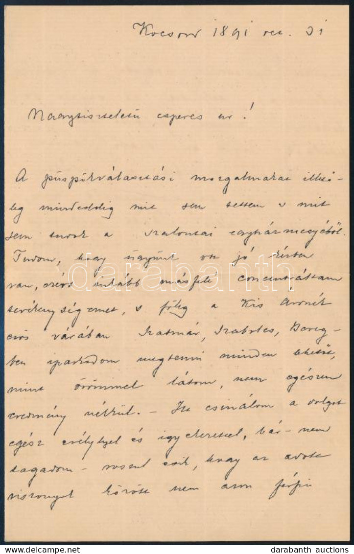 1891 Gróf Tisza István (1861-1918) Miniszterelnök Saját Kézzel írt Levele Szél Kálmán Nagyszalontai Esperesnek Melyben R - Non Classés