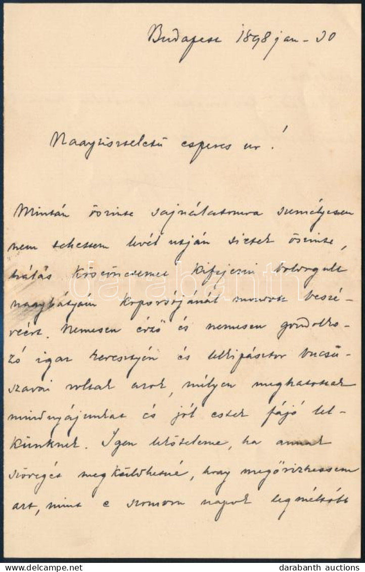 1898 Gróf Tisza István (1861-1918) Miniszterelnök Autográf Levele Szél Kálmán Nagyszalontai Esperesnek Melyben Kifjezi K - Ohne Zuordnung